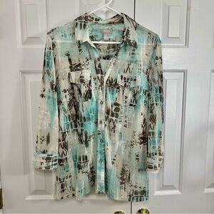 Chico’s Aqua Blue & Brown Button Down Long Sleeve Top Size Large